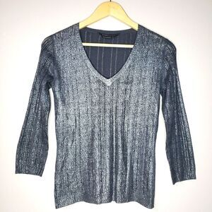 BCBG MaxAzria Small Silver Long Sleeve Metallic V-neck Sweater Top